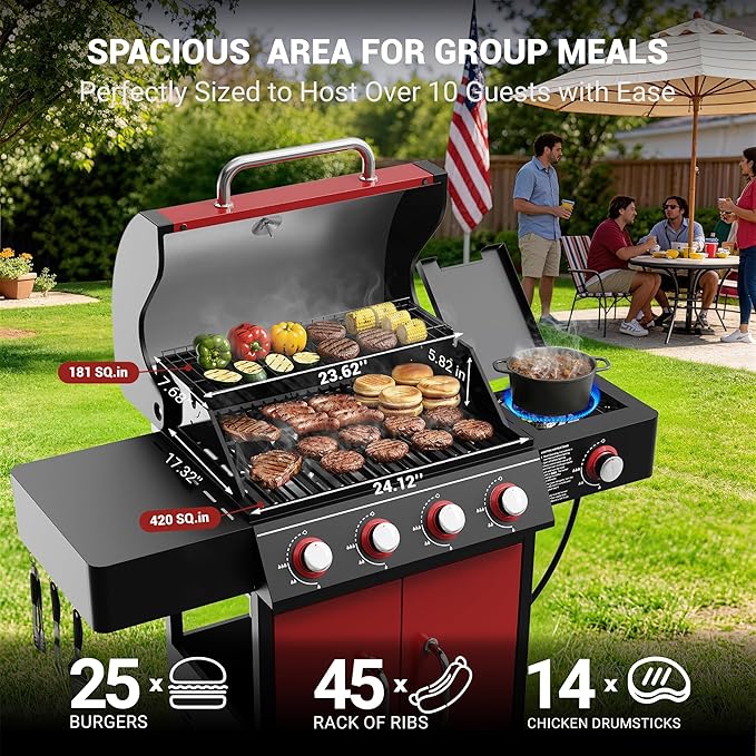 HUGROVE 4 Burner Propane Gas Grill with Side Burner, 601 Sq. In. Cooking Area with Warming Rack 56,000 BTU BBQ Grill with Porcelain-Enameled Cast Iron Grates for Outdoor Cooking