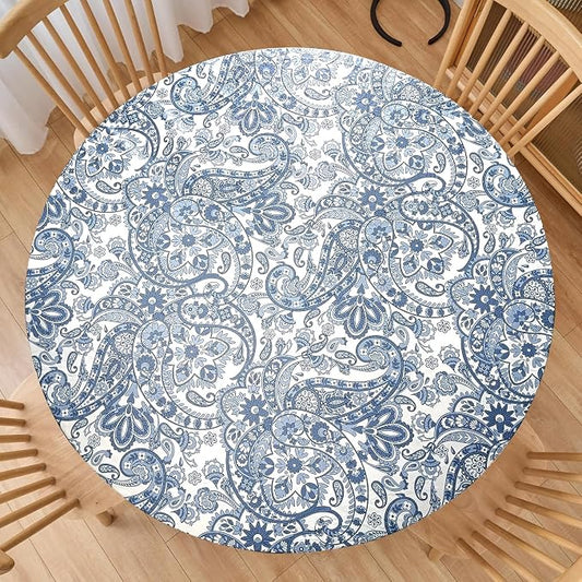 LIBERECOO Luxury Paisley Round Vinyl Tablecloth with Flannel Backing - Waterproof, Oilproof, Wipeable Dining Table Cover for Indoor/Outdoor Use