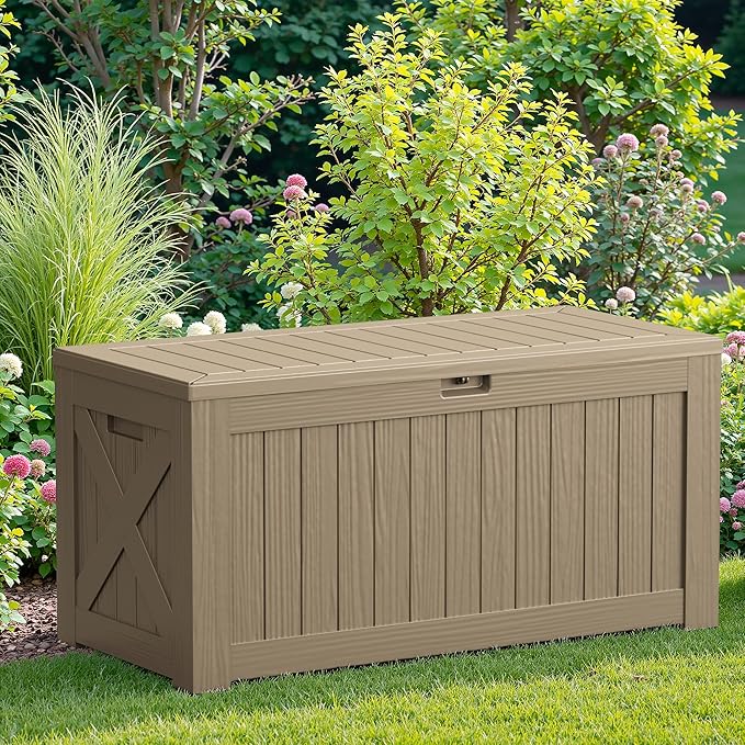 JUMMICO 120 Gallon Resin Deck Box, Large Outdoor Storage Box Waterproof & Lockable for Garden, Patio, Pools (Light Brown)