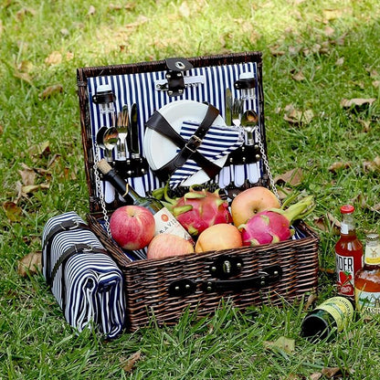 Wicker Picnic Basket Set for 4, Blanket, Cooler Bag, Blue Stripes | Four-Person Wicker Set Includes Tableware, Insulated Food Storage and Waterproof Blanket for Parks, Camping, Dates and Gifts