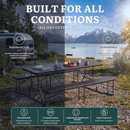 YITAHOME 6ft Outdoor Picnic Table with Wood-Like Tabletop, Sturdy Steel Frame and Umbrella Opening, Heavy Duty Picnic Table Ideal for Yard, Patio, Lawn Gatherings, Black