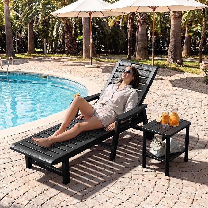 Outdoor Chaise Lounge Chair Set of 4, HDPE All-Weather Pool Lounge Chair with 5 Positions, Wheels & Cup Hoplder for Pool, Beach, Garden (Black)