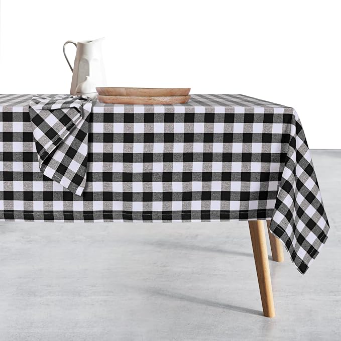 Gingham Check Tablecloth, 100% Cotton, 52x70 Inch, Black and White, Durable Table Cover for Rustic Kitchen Decor, Picnics, BBQ, Dining Room, Indoor and Outdoor Use, Black White