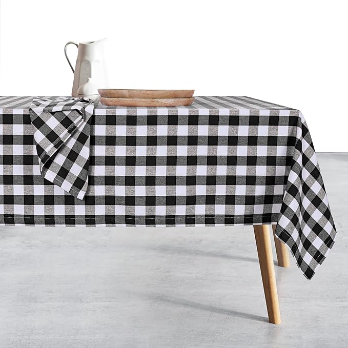 Gingham Check Tablecloth, 100% Cotton, 60x84 Inch, Black and White, Durable Table Cover for Rustic Kitchen Decor, Picnics, BBQ, Dining Room, Indoor and Outdoor Use, Black White