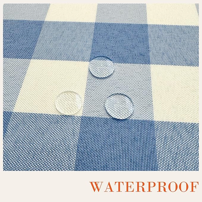 Waterproof Gingham Tablecloth, Checkered Fabric Table Cover for Kitchen Dining, Blue & White Plaid Table Cloth, Rectangle Table Cloth for Indoor Outdoor Use, 60" Round