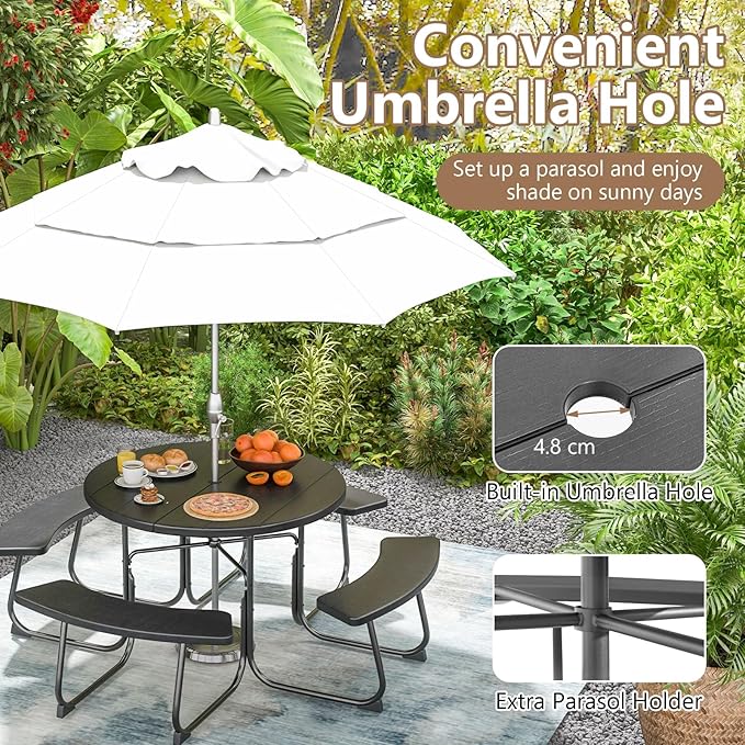COSTWAY Round Picnic Table with Umbrella Hole, Outdoor Picnic Table with Bench Set for 4-8 People, HDPE Tabletop, Patio Dining Furniture Set for Family Gatherings, BBQ Party, Backyard (Black)