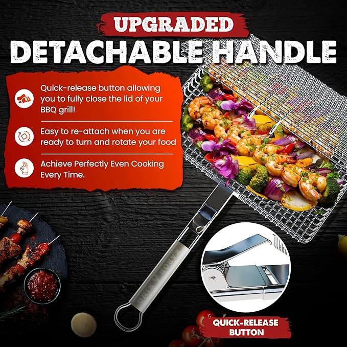 ORIGINAL Jumbo XL Grilling Basket with Detachable Handle and Easy Open/Close Locking Lid. New & Improved Stainless Steel Construction with Larger Capacity (12.5 x 9.5 x 2 inches) for Outdoor BBQ Camping Grilling by Kabob King