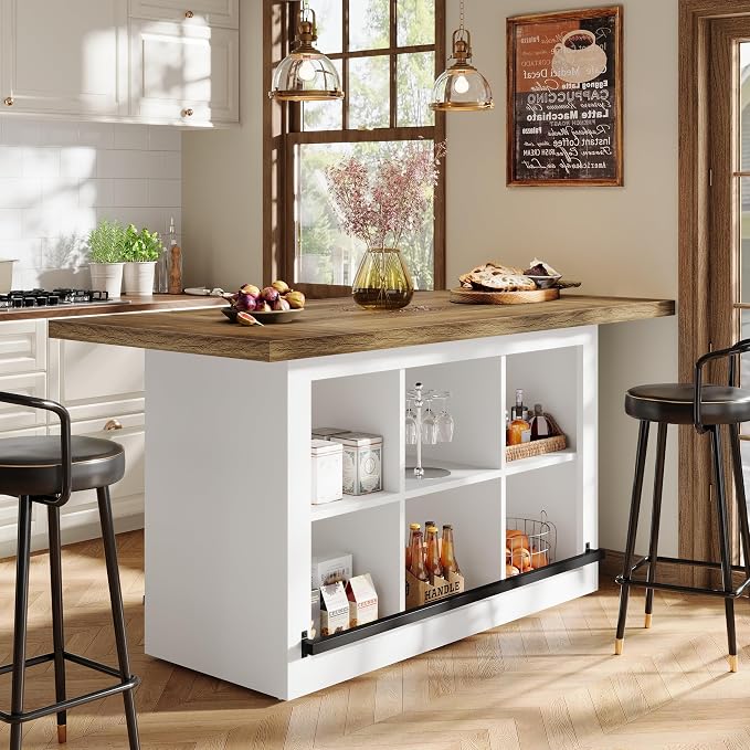Tribesigns Kitchen Island with Storage, Farmhouse Island Bar, Brown&White | 62.6" Wooden Stationary Kitchen Storage Island Counter Height with 6 Open Cubbies and Footrests for Dining Room, Vintage