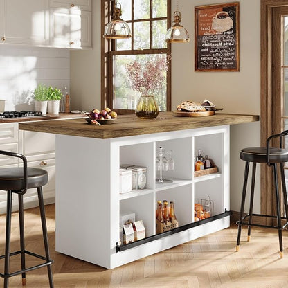 Tribesigns Kitchen Island with Storage, Farmhouse Island Bar, Brown&White | 62.6" Wooden Stationary Kitchen Storage Island Counter Height with 6 Open Cubbies and Footrests for Dining Room, Vintage