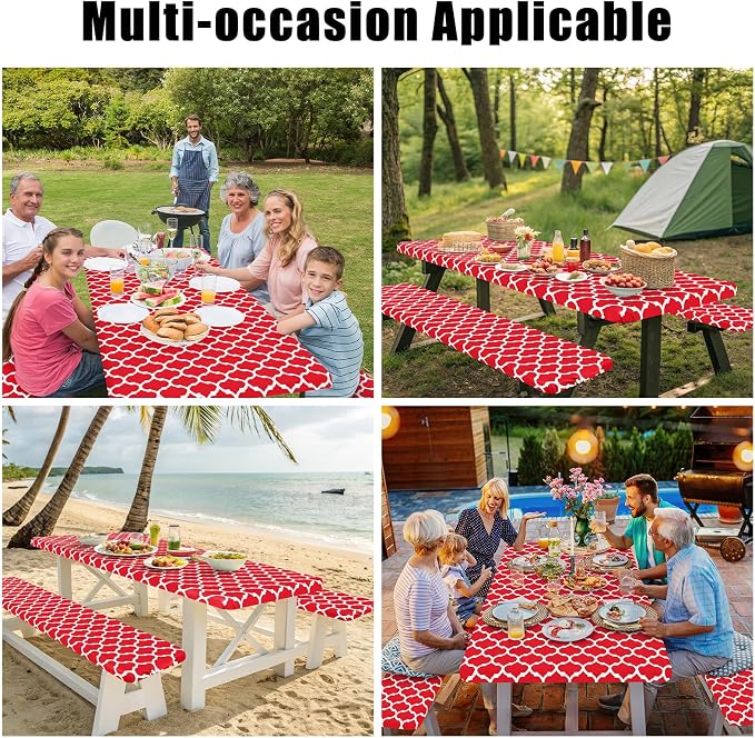 Smiry Picnic Table Cover with Bench Covers, Waterproof Elastic Fitted Tablecloth for 5 Foot Tables, Washable Polyester Tablecloths for Camping, Indoor & Outdoor (Red, 30x60 Inch 3-pc Set)