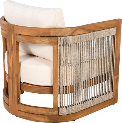 Christopher Knight Home Dora Set of 2 Patio Club Chair with Cushions, Acacia Wood Lounge Chair Outdoor, Woven Accents, Curved Design Side Chair for Balcony Backyard Garden Poolside, Beige + Teak