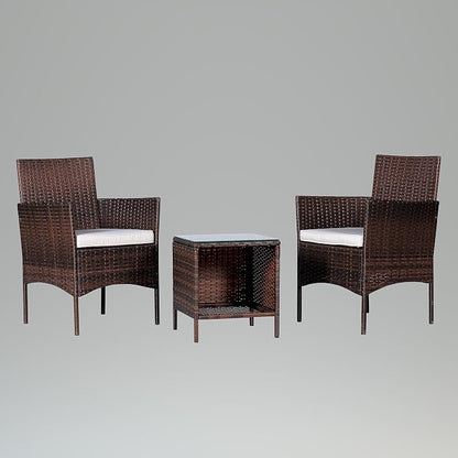 Outdoor Wicker Conversation 3 Piece Bistro Set Garden Patio Yard Porch Furniture Space Saving Pe Rattan Two Chairs Cushions Side Storage Glass Table Brown/Beige 3pc Set