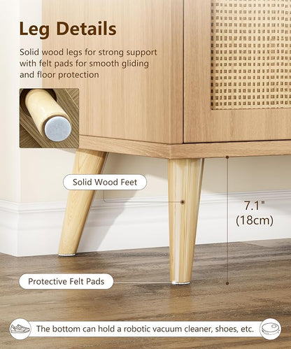 Keehusux Rattan Storage Cabinet with Drawer and 2 Doors, Natural Oak | Accent Sideboard Buffet Cabinet with Adjustable Shelf & Solid Wood Feets, Coffee Bar for Kitchen, Living Room, Entryway