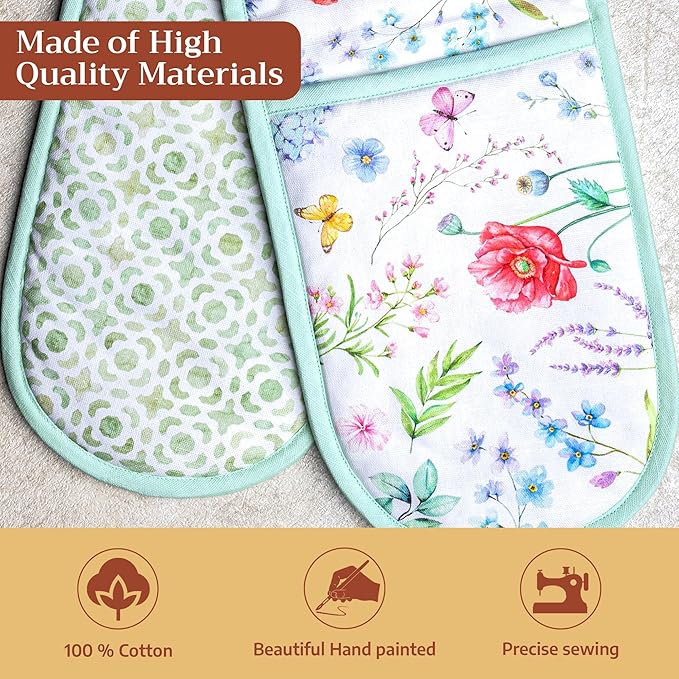 Maison d' Hermine Double Oven Mitts 100% Cotton 7"x35" Double Oven Mitt Heat Resistant BBQ Cooking Gloves with Loop Baking Grilling Kitchen Hotel Home Farmhouse Spring Summer (Just Floral)