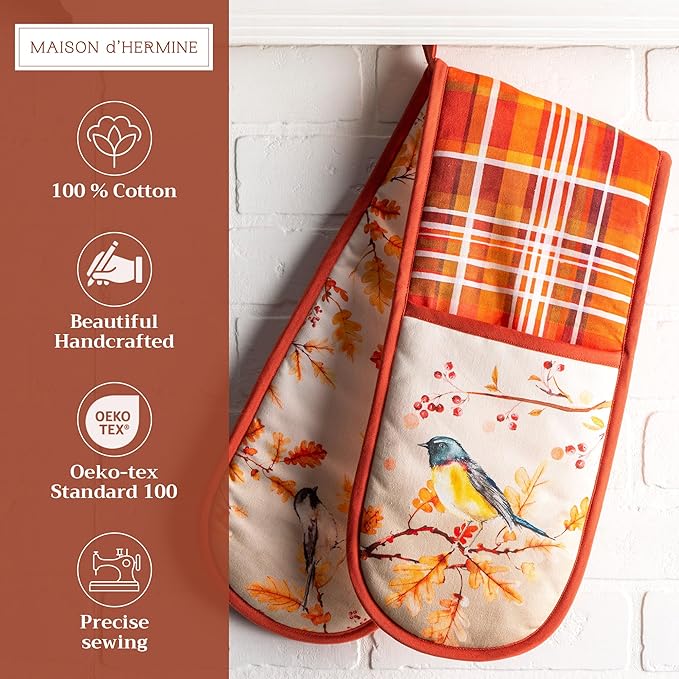 Maison d' Hermine Double Oven Mitt (7" x 35") 100% Cotton Heat Resistant BBQ Cooking Gloves with Loop for Thanksgiving Christmas Decorations Baking Cooking Barbeque Handling Hot Pan (Oak Leaves)