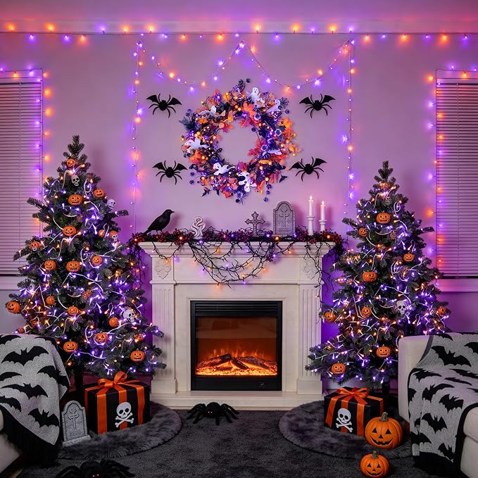 JMEXSUSS 33FT 100 LED Orange and Purple Halloween Lights | Battery Operated Halloween Lights with Remote, 8 Modes String Lights Indoor Outdoor for Room House Porch Tree Yard