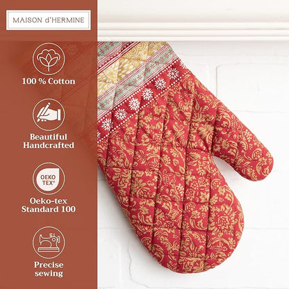 Maison d' Hermine Oven Gloves 100% Cotton Oven Mitt 7" x 13" with Loop Heat Resistant BBQ Cooking Gloves for Thanksgiving Christmas Decorations Baking Handling Hot Pans (Pack of 1, Sofia)