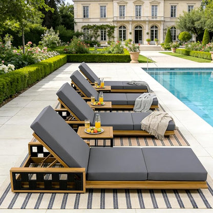 Merax Patio Chaise Lounge with 4-Position Adjustable Backrest, Acacia Wood Outdoor Sunbathing Recliner Chair & 4" Thick Triple-fold Cushion for Poolside, Garden, Backyard, Patio, Dark Gray