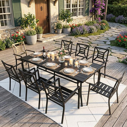 9 Piece Outdoor Patio Dining Sets, 77" Rectangular Metal Dining Table with Umbrella Hole & 8 Stackable Metal Chairs, Weather Resistant Garden Furniture Set for Backyard, Deck, Porch