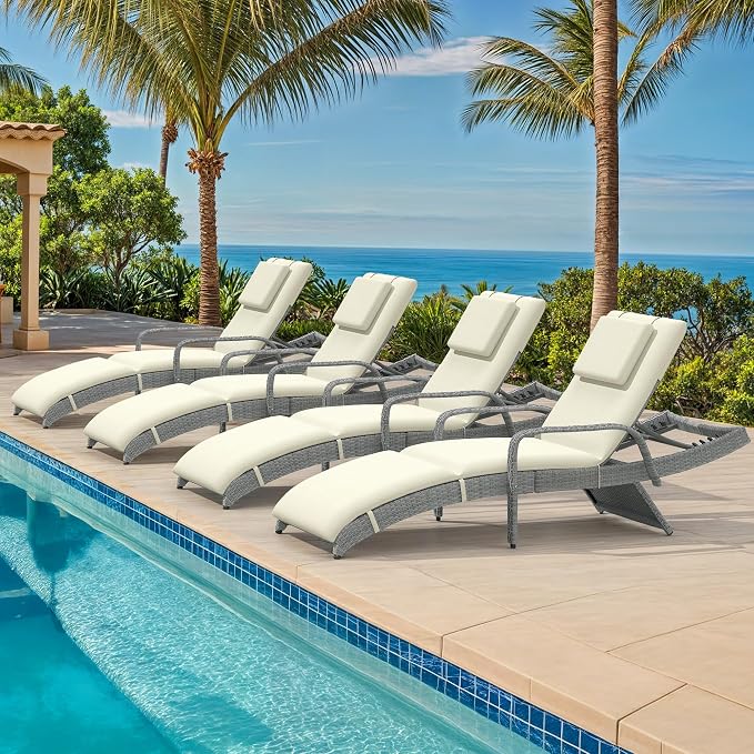 DWVO Outdoor Wicker Chaise Lounge Set, Patio Lounge Chairs with Pull-Out Side Table, Rattan Pool Chair with Headrest & Armrests, 5-Level Backrest for Patio, Beach, Poolside, Beige