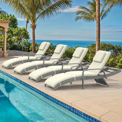 DWVO Outdoor Wicker Chaise Lounge Set, Patio Lounge Chairs with Pull-Out Side Table, Rattan Pool Chair with Headrest & Armrests, 5-Level Backrest for Patio, Beach, Poolside, Beige