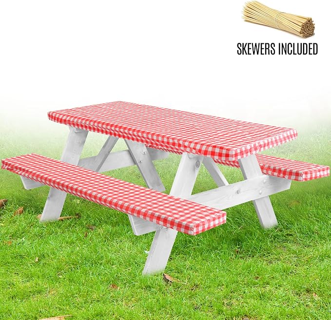 LINPRO Premium Picnic Table Cover with Bench Covers Vinyl Fitted Picnic Table Covers with Elastic RV Camping Accessories and Camper Must Haves Waterproof (Red Gingham, 72 x 30 (6ft) with skewers