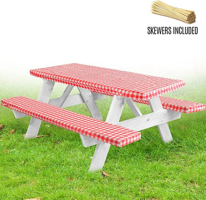 LINPRO Premium Picnic Table Cover with Bench Covers Vinyl Fitted Picnic Table Covers with Elastic RV Camping Accessories and Camper Must Haves Waterproof (Red Gingham, 72 x 30 (6ft) with skewers