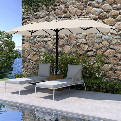 15FT Double Sided Patio Umbrella with Base Included Large Outdoor Market Umbrella with Crank Handle, UV Resistant Canopy, Sturdy Frame for Garden, Poolside, Deck, Creamy White