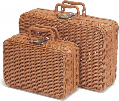 Wicker Picnic Basket, Decorative Prop Suitcase Vintage Storage Hamper Makeup Organizer, Metal Lock Rattan Storage Box with Handles for Sundries Travel Camping and Outdoor Party (Brown, M+XL)