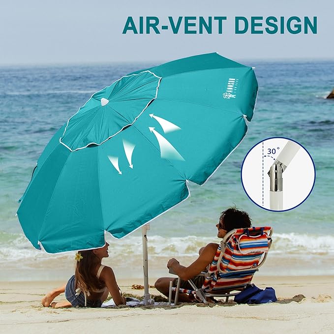 AMMSUN 8 Feet Large Beach Umbrella with Sand Anchor Heavy Duty High Wind Portable Outdoor Umbrellas UV 50+ Protection Air Vent Tilt Patio Garden Pool