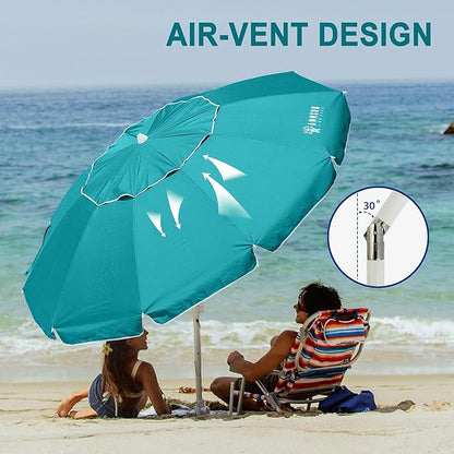 AMMSUN 8 Feet Large Beach Umbrella with Sand Anchor Heavy Duty High Wind Portable Outdoor Umbrellas UV 50+ Protection Air Vent Tilt Patio Garden Pool