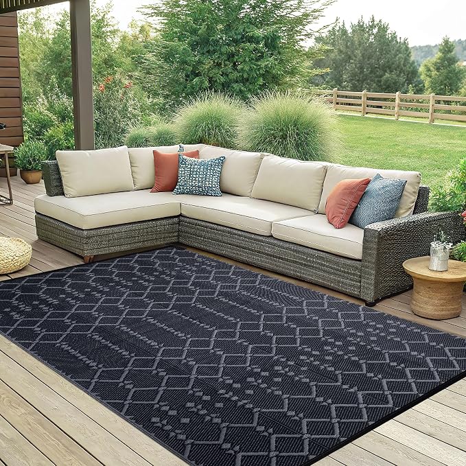 Smiry Outdoor Rug 6x9 ft Waterproof Reversible Boho Mat, Dark Grey | Polypropylene Plastic Straw, Quick Drying, Lightweight Foldable, for Patio, Deck, RV Camping, Backyard and Indoor Outdoor Use