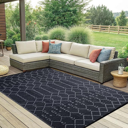 Smiry Outdoor Rug 6x9 ft Waterproof Reversible Boho Mat, Dark Grey | Polypropylene Plastic Straw, Quick Drying, Lightweight Foldable, for Patio, Deck, RV Camping, Backyard and Indoor Outdoor Use