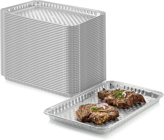 24-Pack Disposable Aluminum Foil BBQ Grill Topper Pan – Prevents Food from Falling into the Grill or Sticking to the Grate – No Clean Up Required – Perfect for Camping and Outdoor Use - 15” x10” x1.5”