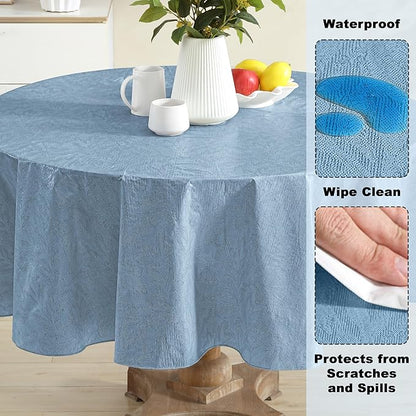 Newbridge Napa Leaf Blue Vinyl Flannel Backed Tablecloth, 70 Inch Round, Hotel Quality Waterproof Indoor Outdoor Table Cover for Kitchen, Patio, Dining, BBQ