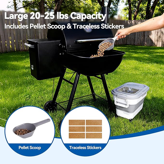 Wood Pellet Storage Container 20-25lbs, Airtight Bin with Locking Lid & Clear Window, Collapsible Pellet Bucket with Wheels, Scoop & Labels, Gray