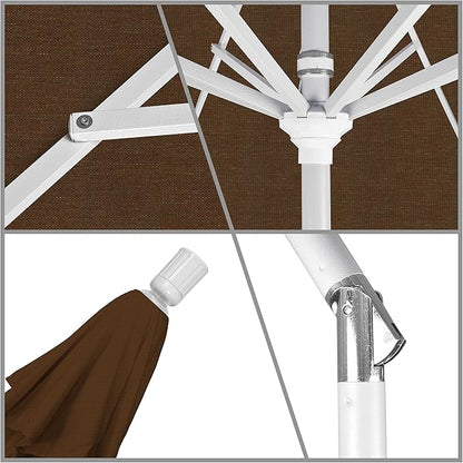 California Umbrella 9' Round Aluminum Market Umbrella, Crank Lift, Collar Tilt, White Pole, Teak Olefin