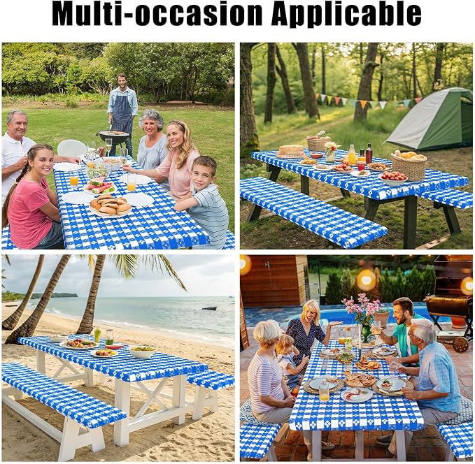Smiry Picnic Table Cover with Bench Covers, Waterproof Elastic Fitted Tablecloth for 6 Foot Tables, Washable Polyester Tablecloths for Camping, Indoor & Outdoor (Blue & White, 30x72 Inch 3-pc Set)