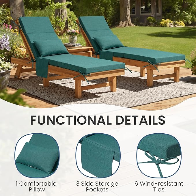 Crestlive Products Foldable Outdoor Chaise Lounge Cushions with Head Pillow and Side Pockets, Water Resistant & Fade Resistant Lounge Chair Cushion, 72''L x 21''W, Set of 2, Malachite