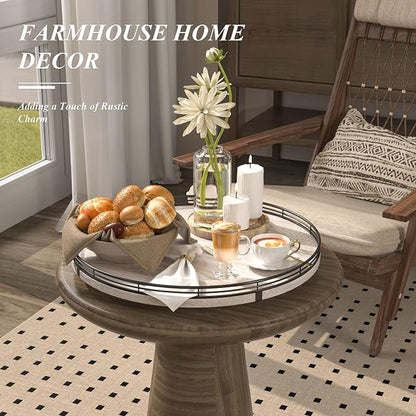 AMH 16-Inch Whitewashed Farmhouse Oak Lazy Susan Organizer | Smooth rotating oak tray with walnut finish for dining tables, kitchen counters, pantries and cabinet storage.
