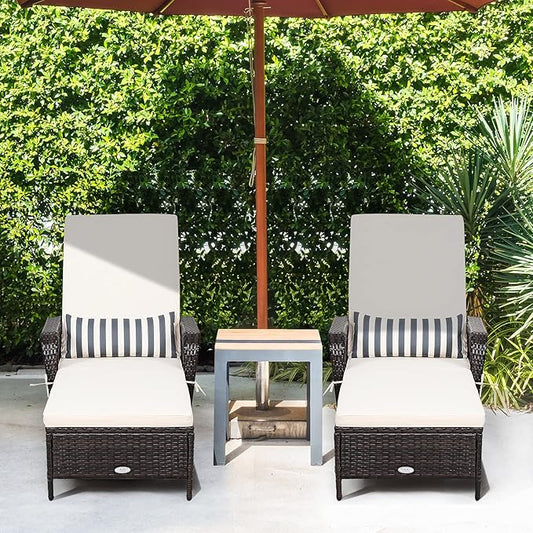 Tangkula Wicker Chaise Lounge Outdoor Set of 2, Patio Rattan Reclining Chaise with 6-Gear Adjustable Backrest, Thick Padded Cushion & Removable Lumbar Pillow, Pool Lounge Chairs for Outside Balcony