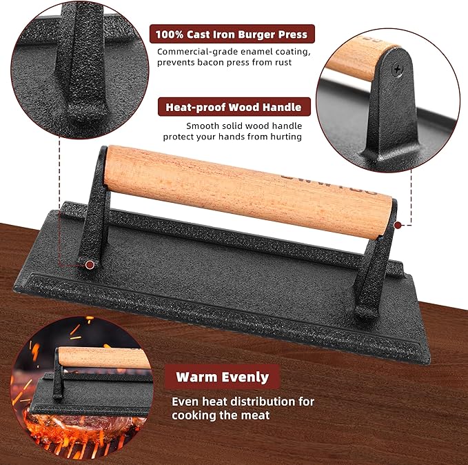 LWWTBS Burger Press Heavy-Duty Cast Iron Smashed Meat Steak Weight Grill Griddle Press (7" Round & 8.2"X4.3" Rectangle) with Wood Handle for Blackstone Griddle