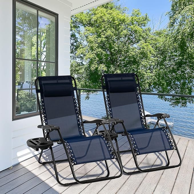 Giantex 2 PCS Zero Gravity Chair, Outdoor Chaise Lounge with Cup Holder, Patio Folding Chairs Recliner for Yard Pool Lawn Balcony