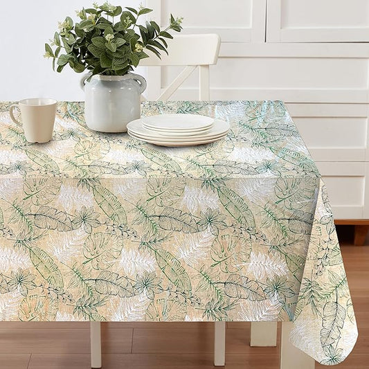 Antigua Tropical Leaf Vinyl Tablecloth – 60 x 84 Inch Rectangle Waterproof Table Cover with Flannel Backing, Wipeable Indoor/Outdoor Summer Flowers Print for Picnics, BBQs, and Holiday Dining
