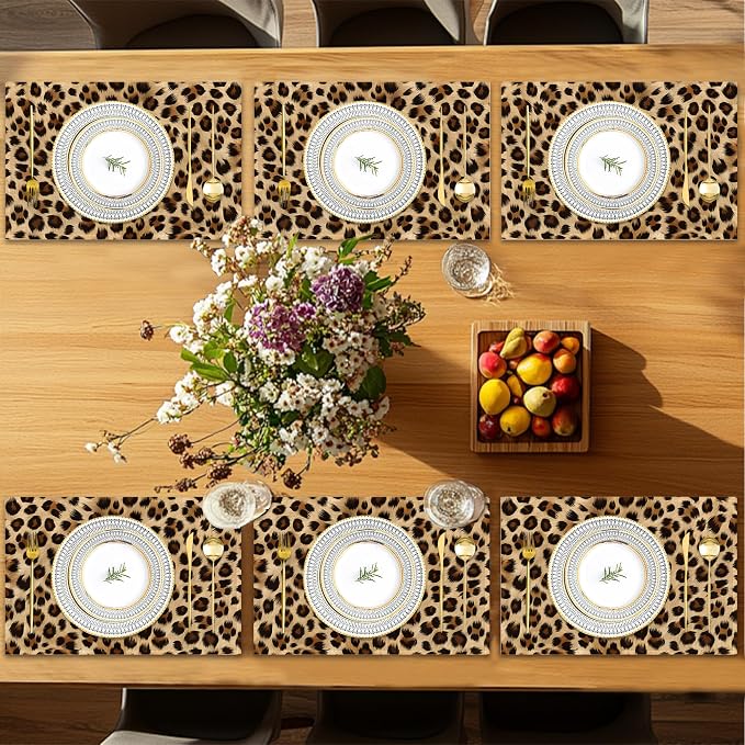 Leopard Skin Texture Placemats Set of 6, Placemats Washable Kitchen Dining Linen Table Mats Stain Heat-Resistant for Home Party Indoor 12x18 inch