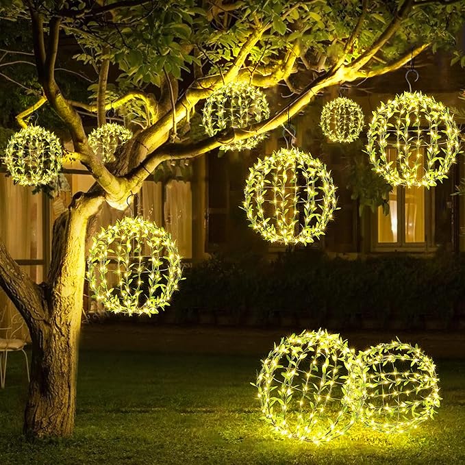 Joomer Solar Hanging Ball Lights Outdoor, 2-Pack 13in & 11in Total 264 LED Solar Globe Lights, 8 Modes Waterproof Metal Sphere Lights with Hooks for Patio Garden Decor - Warm White