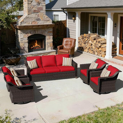 5 Pieces Patio Conversation Furniture Set - 1 Sofa, 4 Swivel Chairs, Outdoor Wicker Furniture with Removable Cushions for Porch, Balcony, Sunroom (Red)