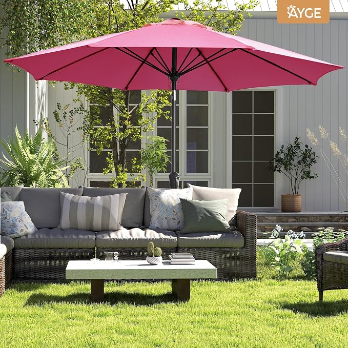 Ayge Patio Umbrella 9FT Outdoor Umbrella Patio Table for deck pink | 8 fiberglass ribs, crank & tilt. UV-resistant waterproof canopy. Fade-proof. Rust-proof frame. For deck, garden, pool.