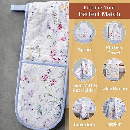 Maison d' Hermine Double Oven Mitts 100% Cotton 7"x35" Double Oven Mitt Heat Resistant BBQ Cooking Gloves with Loop Baking Grilling Kitchen Hotel Home Farmhouse Spring Summer (Summer Floral)