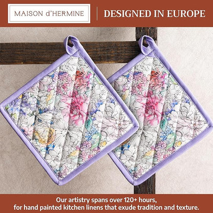 Maison d' Hermine Pot Holders 100% Cotton Heat Resistant Potholders 8" x 8" Hot Pads with Loop BBQ Cooking Baking Hotel Farmhouse Kitchen Handling Hot Pans Spring Summer (Pack of 2, Floral Love)
